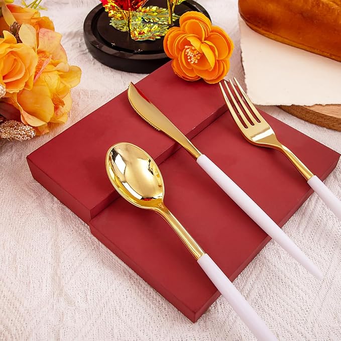 Rubtlamp 96Pcs Gold Plastic Silverware, Gold Plastic Utensils with White Handle, Gold Silverware Set Includes: 32 Knives, 32 Plastic Spoons And 32 Forks