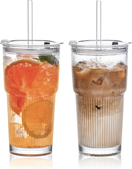20oz Glass Tumblers with Lids and Straws, Set of 2 - Stylish Ribbed Design Drinking Glasses for Iced Coffee Cups, Juice, Smoothies, Cold Beverages, Includes Cleaning Brush, Durable Glassware