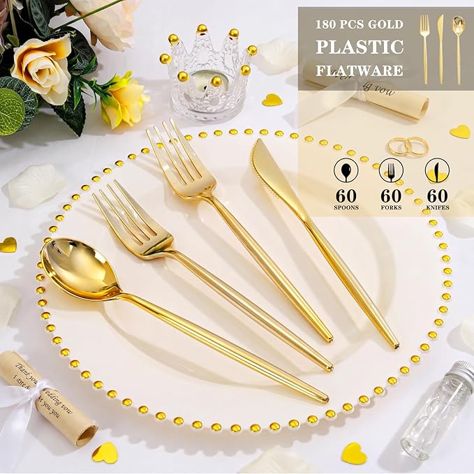 Supernal 180PCS Gold Plastic Silverware Gold Silverware Disposable Cutlery Plastic Utensils Heavy Duty Disposable Utensils Includes: 60 Knives, 60 Forks and 60 Spoons for Party, Birthday, Wedding