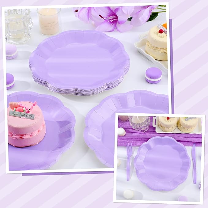 30 Pcs Light Purple Paper Plates, 9 Inch Scalloped Lavender Plates Cute Easter Plate Disposable Party Plate for Wedding, Birthday, Baby Shower