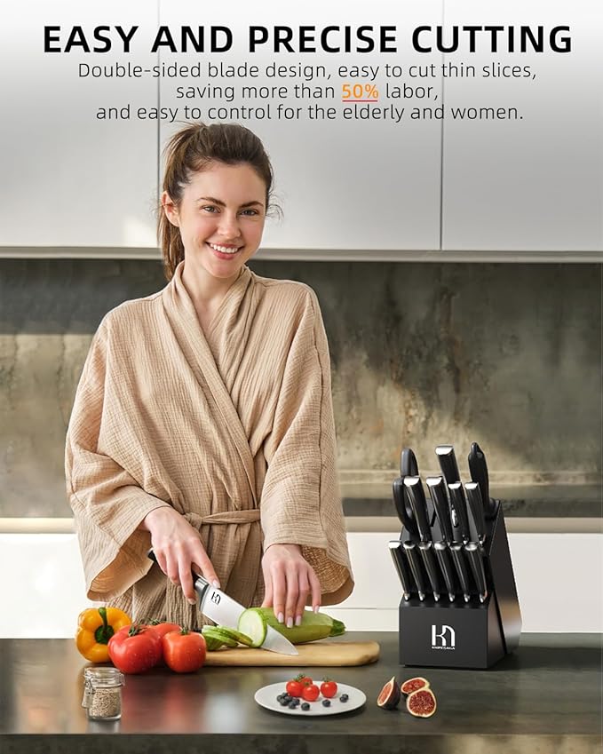 Knife Set 15 Pcs High Carbon Stainless Steel Kitchen Knife Sets with Block & Sharpener, Premium Razor-Sharp Black Knives Block Set for Kitchen, Ergonomic Full-Tang Handle