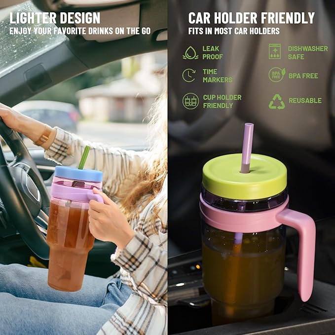 50 oz Tritan Plastic Tumblers with Lids and Straw | Leak-Proof BPA-Free Tumbler with Time Marker | Reusable for Iced Coffee, Tea, Juice, Boba, Smoothies | Wide Mouth