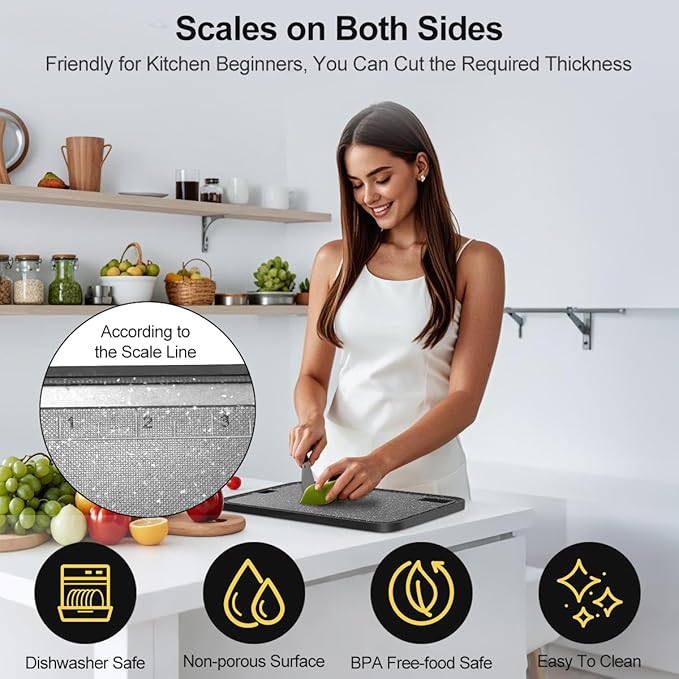 Plastic Cutting Board Dishwasher Safe, 2 Cutting Boards Large Cutting Board for Meat with Juice Grooves, Non-Slip, Reversible and Knife-Friendly Cutting Board Household Essentials（Black）