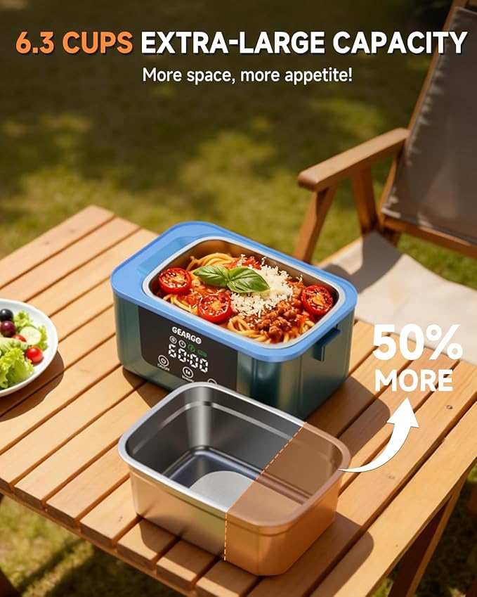 GEARGO 𝟔.𝟑 𝐂𝐮𝐩𝐬 Cordless Electric Lunch Box, 𝟐𝟒𝟎𝟎𝟎𝐦𝐀𝐡 Heated Lunch Box Battery Powered with Ice Crystal Box, 24 Hours Scheduled Rechargeable Heating Lunchbox for Adults Men Women