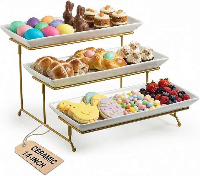 LAUCHUH Large 3 Tier Serving Stand Tiered Serving Trays with Collapsible Sturdier Rack Porcelain Serving Trays and Platters for Fruit Dessert Presentation Mother's Day Party Display Set, 14 Inch