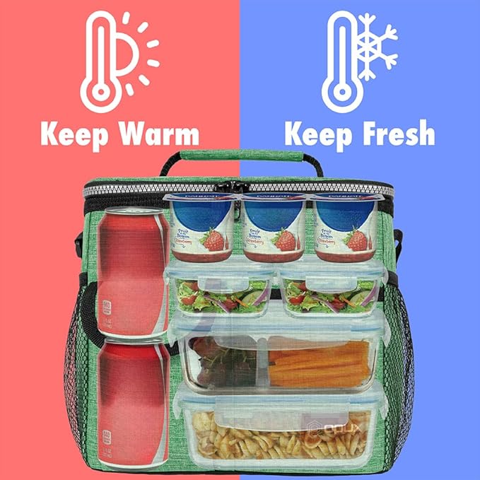 opux Insulated Lunch Bag for Men Women, Leakproof Heather Green Lunch Box for Work, Portable Soft Lunch Cooler Bag with Shoulder Strap, Adult Lunchbox Lunch Pail for Kid Boy Girl School, 18 Can/10L