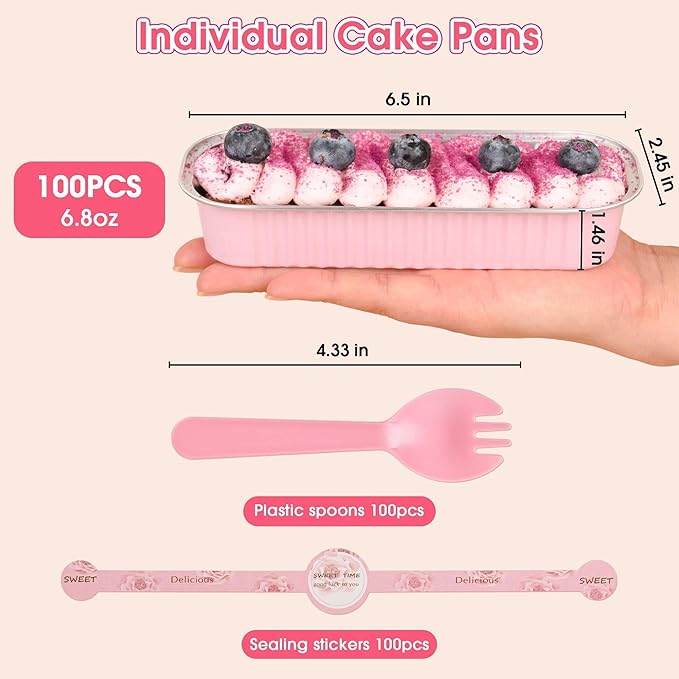100 Pack Mini Cake Pans with Lids and Spoons,Disposable Aluminum Foil Cake Tins（6.8oz） Individual Small Cake Baking Containers for Party,Wedding,Birthday