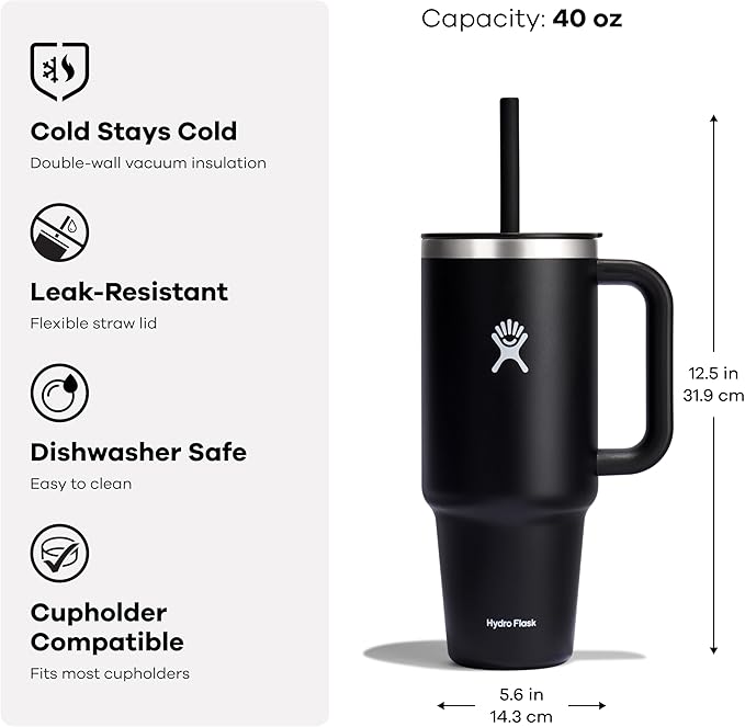 Hydro Flask Travel Tumbler with Handle, Lid and Straw - Insulated Stainless Steel in 40 Oz Thyme Green Rose Gold