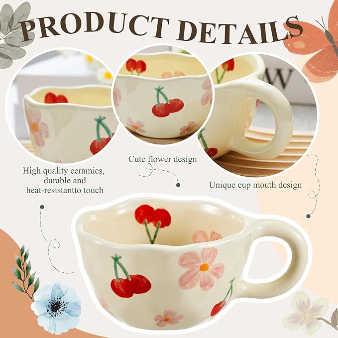 Vesici 2 Pcs Ceramic Coffee Mugs with Spoon, Vintage Floral Spring Mugs with Handle, 8.5 oz Aesthetic Flower Porcelain Tea Cup Set, Dishwasher & Microwave Safe for Home Office Gift(Cute)