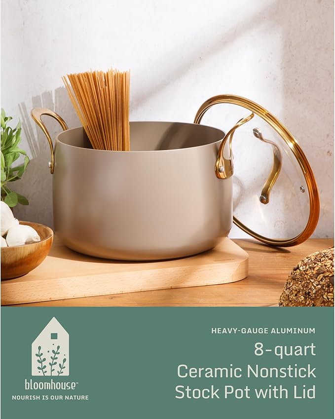 Bloomhouse - Two Time Oprah's Favorite Things Winner - 8 Quart Stock Pot w/Lid – PFAS-Free Ceramic Nonstick Dutch Oven Heavy Duty Aluminum Oven Safe Dishwasher Safe Cappuccino Cream w/Gold Handles