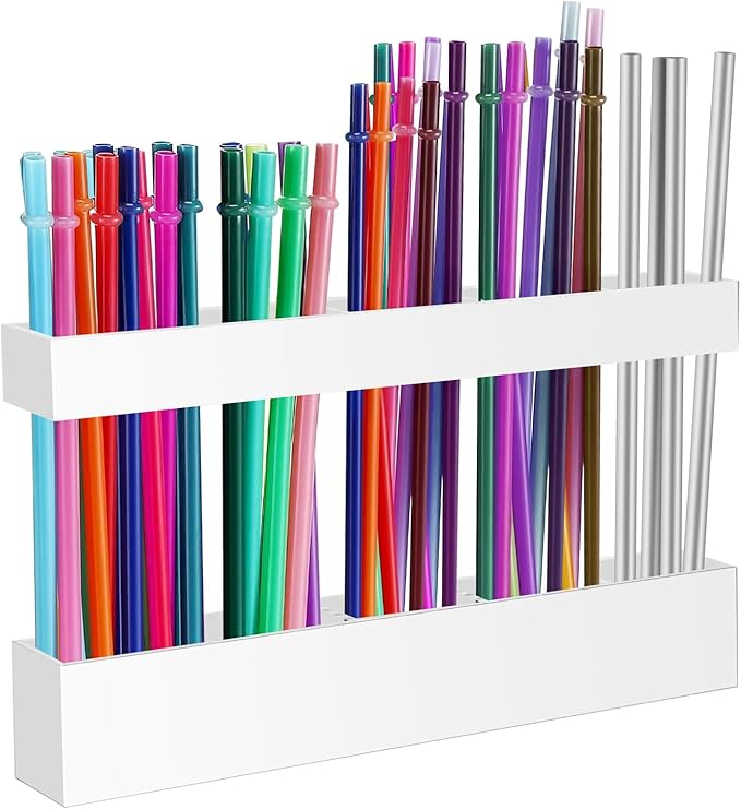 9.5" Large Acrylic Straw Holder for Cabinet Door - Reusable Tumbler Straw Organizer Storage, Small Kitchen Accessories Container, Ultra Sticky Cupboard Door Mounted (White)