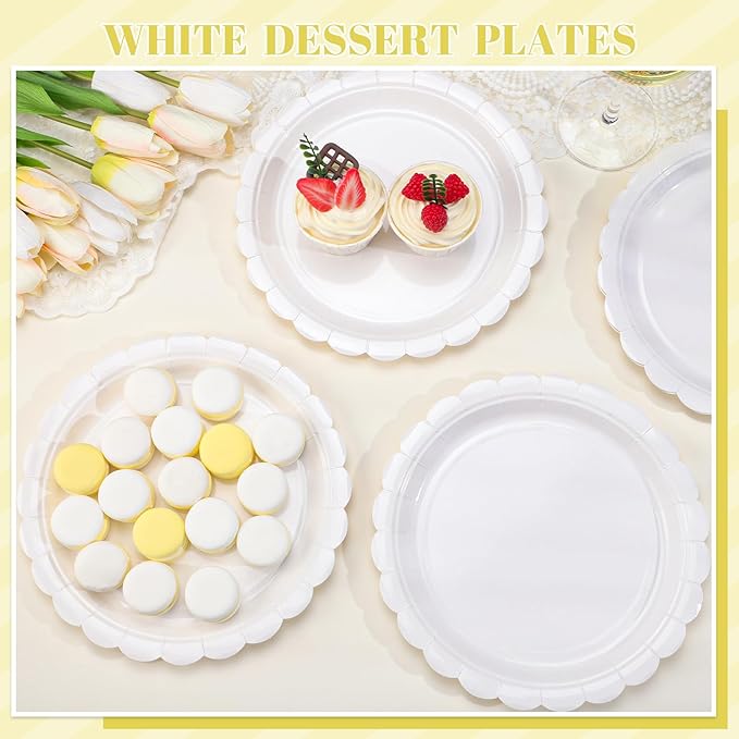 30 Pcs Scalloped Plates 9 Inch Disposable White Paper Plates Cute Dessert Cake Plate Dinner Party Plate for Wedding, Birthday, Graduation