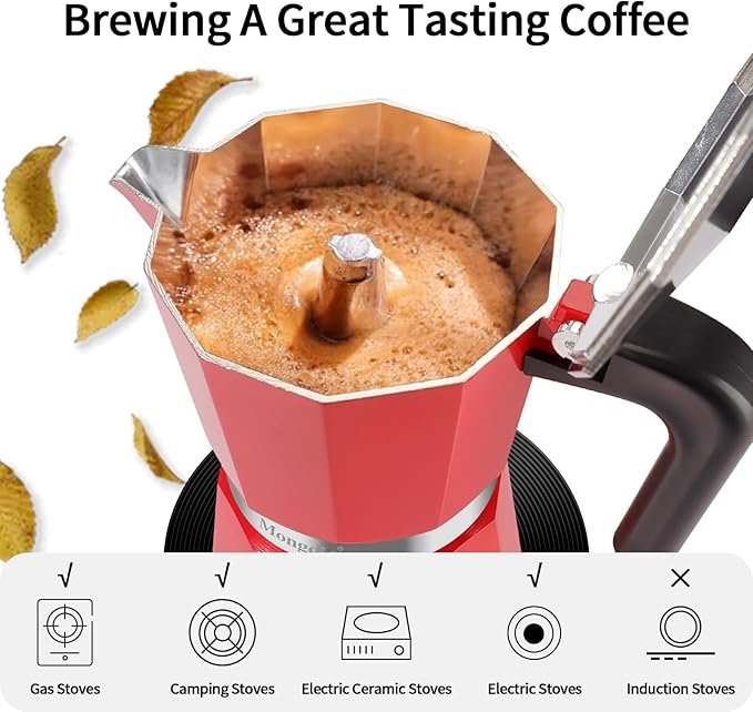 Mongdio Stovetop Espresso Maker Moka Pot, Stove Top Cuban Coffee Maker, Italian Greca Mocha Pot, 9 Espresso Cups, 15 oz - Red