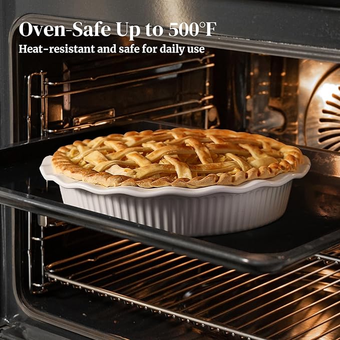 DOWAN Pie Pan for Baking, 9 Inch Round Baking Dish for Dinner, 45 Ounce Pie Plate Ceramic Quiche Pan Non-Stick with Deep Fluted Pie Dish for Apple Pies, Pot Pies, Quiches, Tart, Oven Safe Dish, White