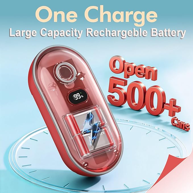 Handsfree One-Touch Rechargeable Electric Can Opener Easy Flex Side Cut All Can Sizes with LED Display and Smooth Edge Safety for Arthritis & Seniors, Auto Kitchen Gadget (Red)
