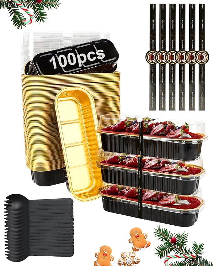 100 Pack Mini Loaf Pans with Lids, Spoons & Stickers – Disposable Aluminum Foil Baking Cake Containers for Oven, Air Fryer & Freezer – Ideal for Cakes, Bread, Pudding, Parties & Gifting, Black