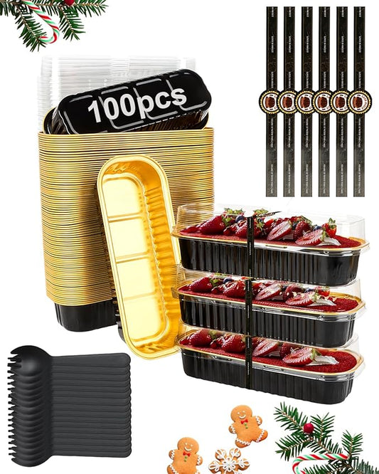 100 Pack Mini Loaf Pans with Lids, Spoons & Stickers – Disposable Aluminum Foil Baking Cake Containers for Oven, Air Fryer & Freezer – Ideal for Cakes, Bread, Pudding, Parties & Gifting, Black