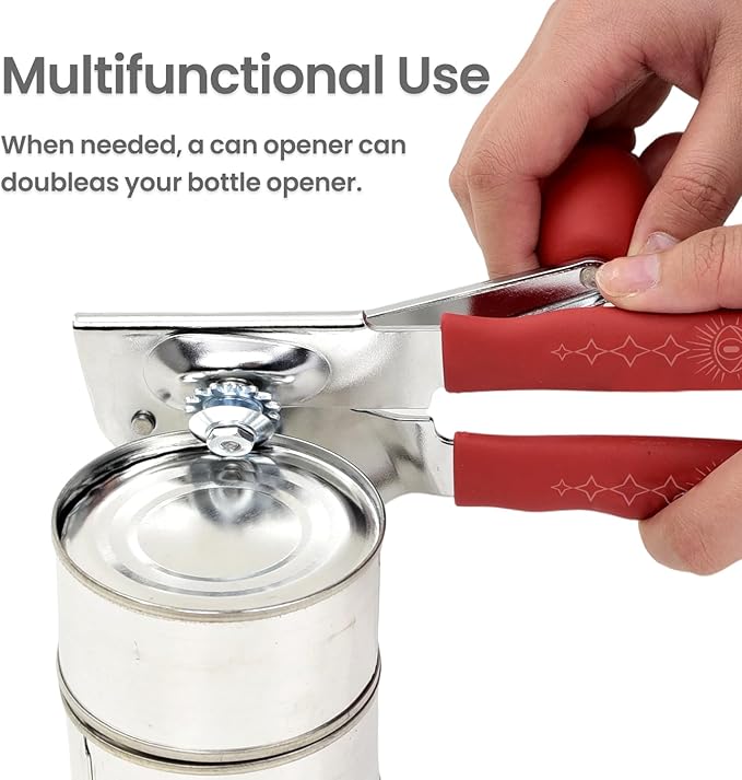 Manual Can Opener with Magnet, Heavy Duty Hand Can and Bottle Opener with Stainless Steel Blade and Rubber Grip, Smooth Cutting Hand Can Openers for Senior, Magnetic Lid Remover Kitchen Tool (Red)