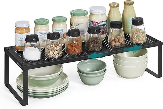 SONGMICS Spice Rack, Expandable Kitchen Countertop Shelf, Small Cupboard Organizer, Metal, Space-Saving Tabletop Shelf, Matte Black UKCS007B01