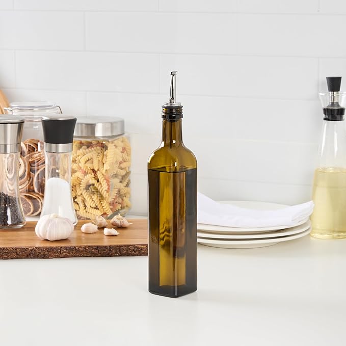 Restaurantware RW Base 16.9 Ounce Olive Oil Dispenser 1 Kitchen Oil Dispenser Bottle - With Stainless Steel Pourer Non-Leaking Amber Glass Olive Oil Pourer For Cooking Or Salad Dressings