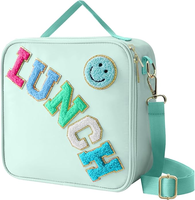 Insulated Lunch Bag With Adjustable Shoulder Strap, Nylon Preppy Lunch Box Large Insulated Lunch Bag Reusable Lunch Tote Bag with Smiley Preppy LunchBag for Girls School Travel Picnic (Green)