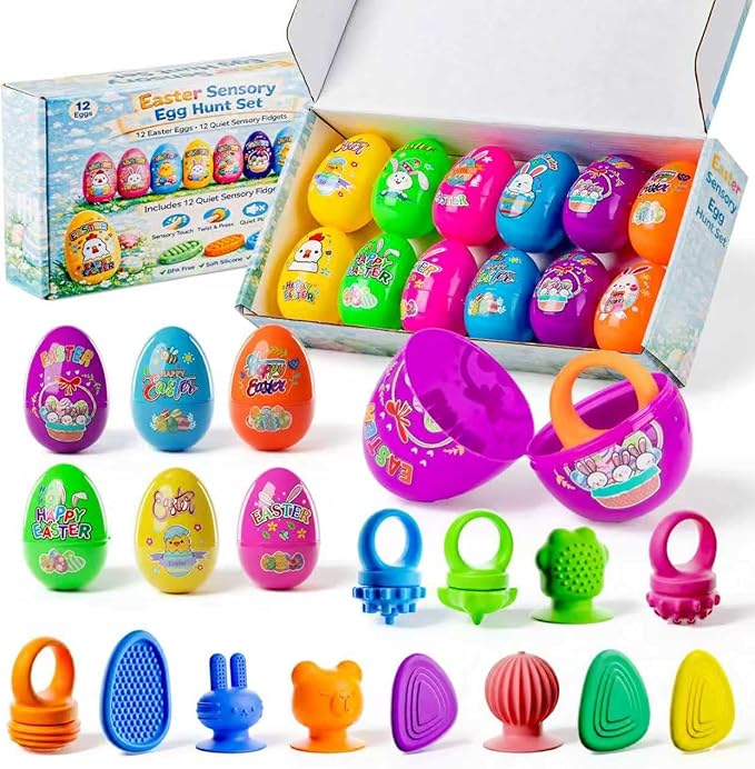 Easter Basket Stuffers, Prefilled Easter Eggs with Quiet Sensory Fidgets, Textured Stone & Suction Toys & Spinner Ring for Kids Calming, Autism Anxiety Tools Classroom Prizes (12 PCS)