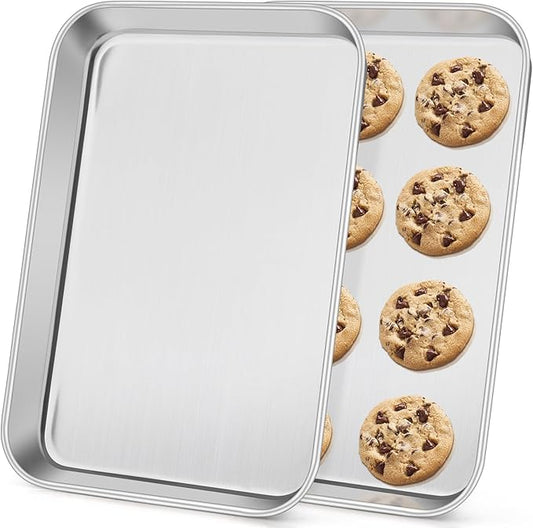 Stainless Steel Baking Sheets Set of 2, Leonyo Quarter 9IN x 13IN Stainless Steel Cookie Sheets for Baking, 1IN Deep Metal Toaster Oven Pan Tray for Oven, Dishwasher Safe