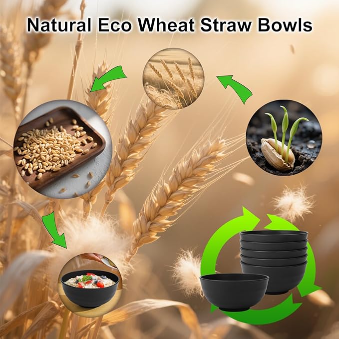 Wrova Wheat Straw Bowls 60oz, Large Salad Bowl Unbreakable Ramen Bowls Set of 6, Microwave & Dishwasher Safe Big Popcorn Bowl Alternative Plastic Bowls Reusable, Kitchen Bowls for Cereal,Noodle- Black