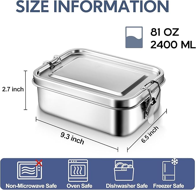 E-far Stainless Steel Bento Box, Large 2400ml Metal Lunch Box, 81oz Leak-Proof Lunch Food Container with Lids and Divider, Reusable Meal Storage for Camping Picnic Travel Work