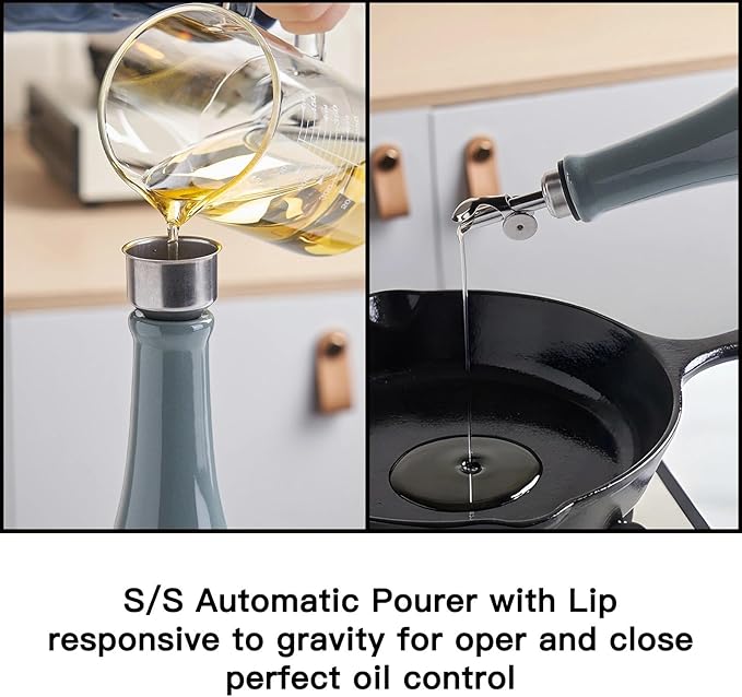 YOLIFE Olive Oil Dispenser Bottle, 16oz Ceramic Oil Dispenser for Kitchen, Oil Bottle with Gravity Spout, Leak Proof EVOO Dispensing Bottle with 2 Spouts and 1 Funnel for Vinegar, Juice(Gray)