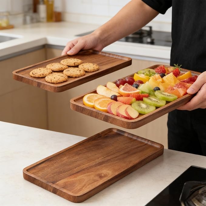 2 Pack Acacia Wood Serving Tray,11.8x5.9 Inch Decorative Trays Platter for Coffee Table,Living Room,Bar,Party,Mini Charcuterie Boards Cheese Board,Home Decor