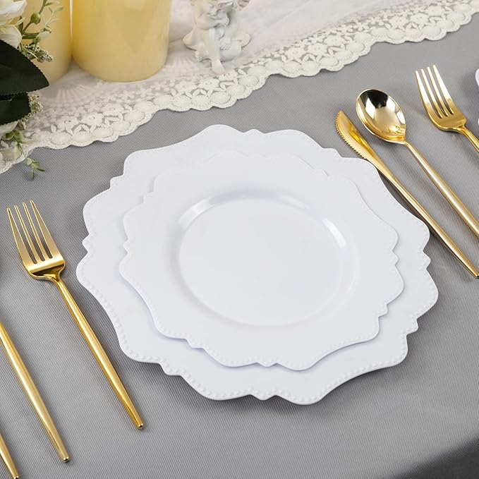 COLOSUS 60PCS White Plastic Plates for 30 guests-Fancy Plastic Beaded Plates,Plastic Plates for Party, Elegant White plates,Include 30 PCS 10.5" Dinner plates & 30PCS 8.25" Dessert plates for easter