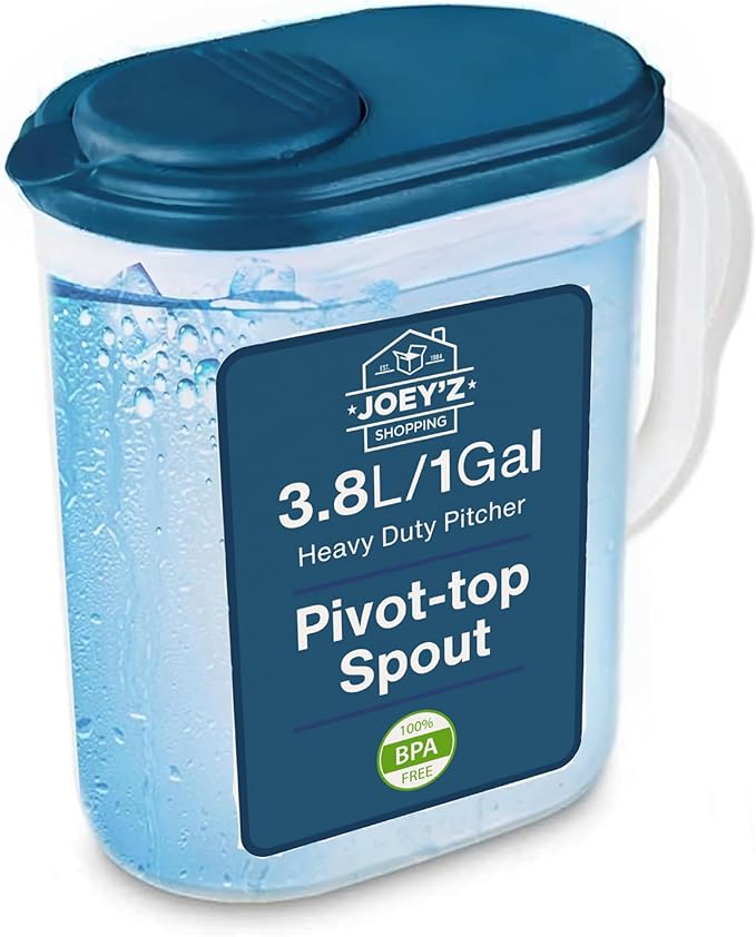 Water Pitcher with Lid 1 Gallon Slim Heavy Duty Plastic Measuring Pitcher with See Through Base, Leak Proof Spill Proof Lid w/Pivot Spout LidCover, BPA-free -Ideal for mixing, storing & serving