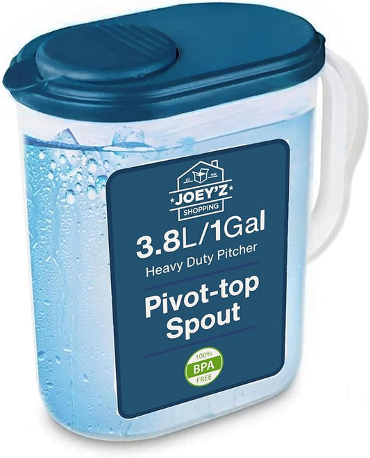 Water Pitcher with Lid 1 Gallon Slim Heavy Duty Plastic Measuring Pitcher with See Through Base, Leak Proof Spill Proof Lid w/Pivot Spout LidCover, BPA-free -Ideal for mixing, storing & serving