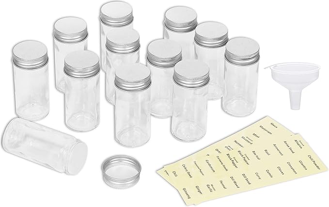 Simple Houseware 12-Pack 3 oz Glass Spice Jars, Round Bottles with Shaker Lids, Funnel and Labels for Seasoning & Storage