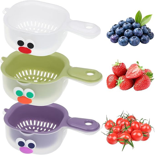 ABOOFAN 3Pcs Fruit Washing Bowl with Strainer, Dual-Layer Small Kitchen Colander with Handle, Vegetable Washing Draining Basket for Mini Berry Tomato Grape Washer