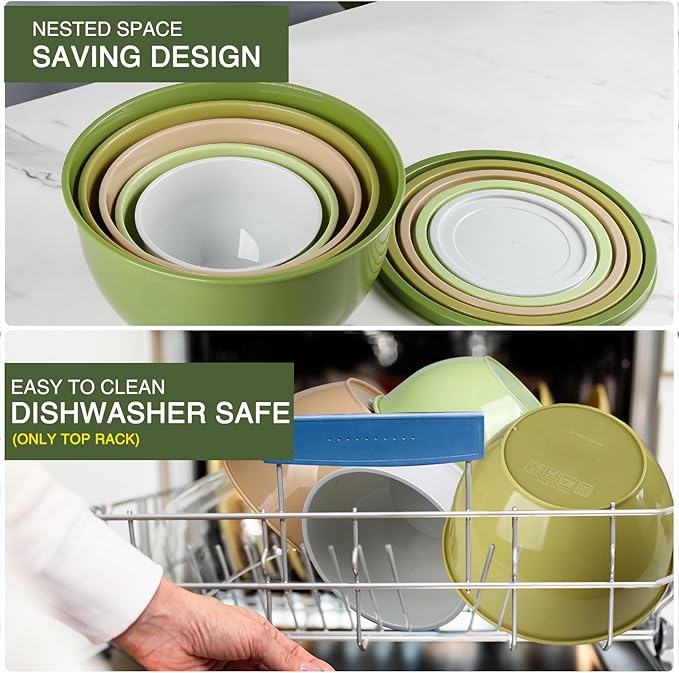Plastic Mixing Bowls with Lids Set for Kitchen, Nesting Bowls for Mixing, Baking, Prepping, Cooking and Serving Food, Mixing Bowls Dishwasher, Microwave Safe (Green)