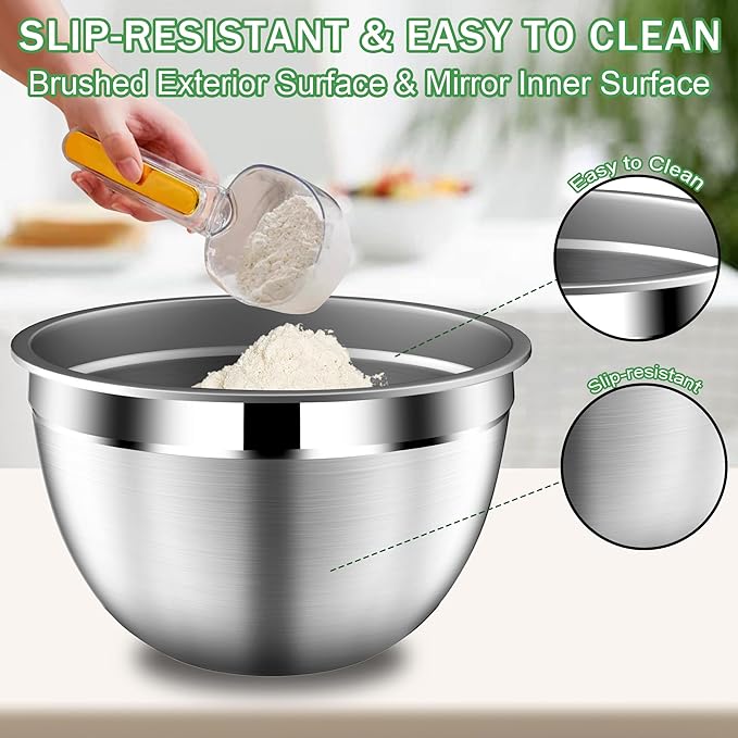 Mixing Bowls with Lids Set, Stainless Steel Mixing Bowls with Colander, Strainer with Mixing Bowl Set, Serving Bowl Kitchen Gift, Size 4.5, 2.5, 2, 1.5QT - Black