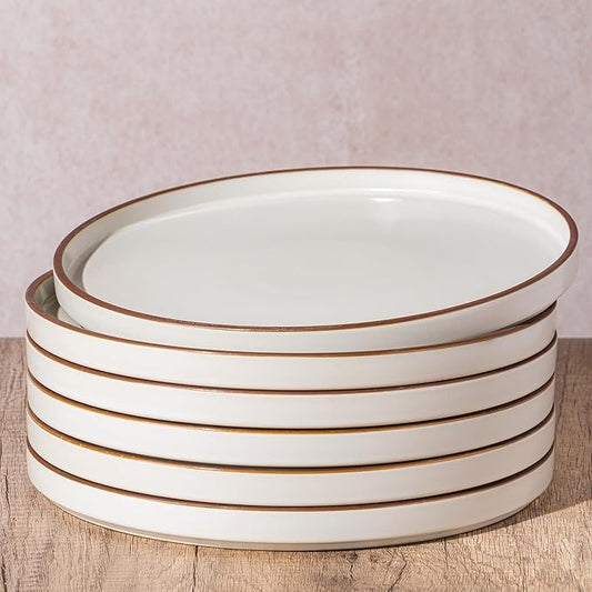 LERATIO Dinner Plates,10.25 Inch Ceramic Flat Plates Set of 6,High Edge Modern plates for Kitchen,Microwave & Dishwasher & Oven Safe, Scratch Resistant Dishes Set-White with Rim