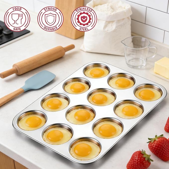 E-far Muffin Top Pan, 12-Cavity Stainless Steel Shallow Cupcake Pan for Yorkshire Pudding, Eggs, Whoopie Pie, Cornbread, Non-toxic & Dishwasher Safe - 2 Pcs