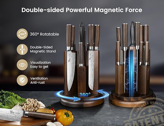Kitchen Knife Set with Magnetic Block and Sharpener 14 Piece Knife Set 360° Rotatable Holder Ultra Sharp High Carbon Stainless Steel Knives Sets with Steak Knives, Ideal Gift