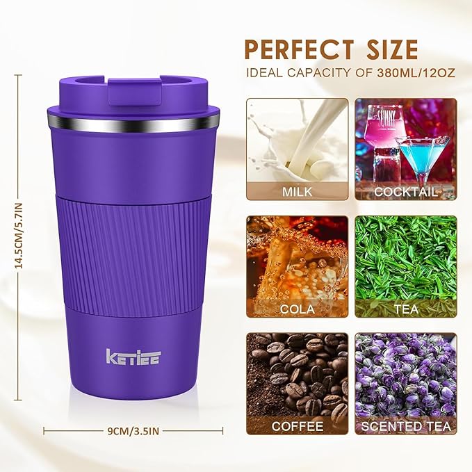 KETIEE 12oz Coffee Mug: Vacuum Insulated Coffee Cup with Leakproof Lid, Travel Coffee Mug Stainless Steel Double Walled Reusable Coffee Cup for Hot and Cold Water Tea (Purple)