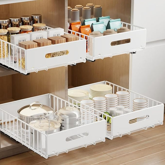 2 Pack Pull Out Cabinet Organizer, Slide Out Cabinet Drawers Peel and Stick Pull Out Drawers Heavy Duty Pull Out Shelf for Kitchen, Cupboard, Pantry, Bathroom (16.5" D*11.8" W*3.94" H-White)