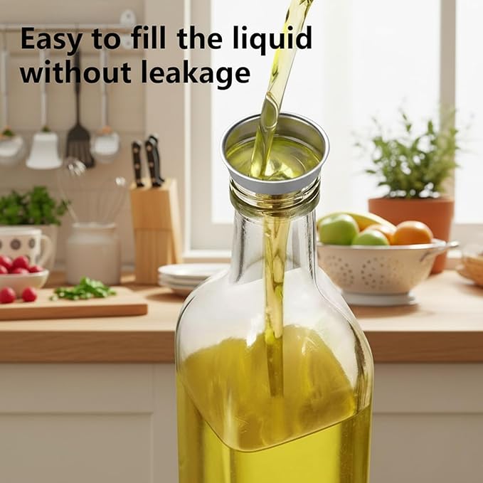 WERTIOO Olive Oil Dispenser Bottle, 17 OZ Glass Oil Dispenser for Kitchen with 1 Pourer,1 Stainless Steel Funnel & 1 Pen and 8 Label for Kitchen (500ml)
