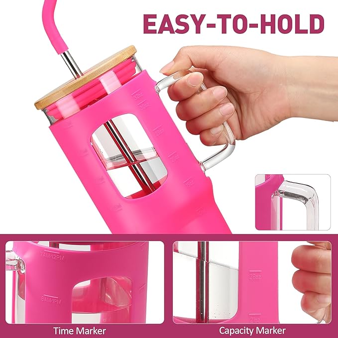 Glass Tumbler with Straw & Lid, 32 oz Glass Cup with Handle, Water Bottle with Time Marker - Pearl Straw & Silicone Protective Sleeve - Rose Red