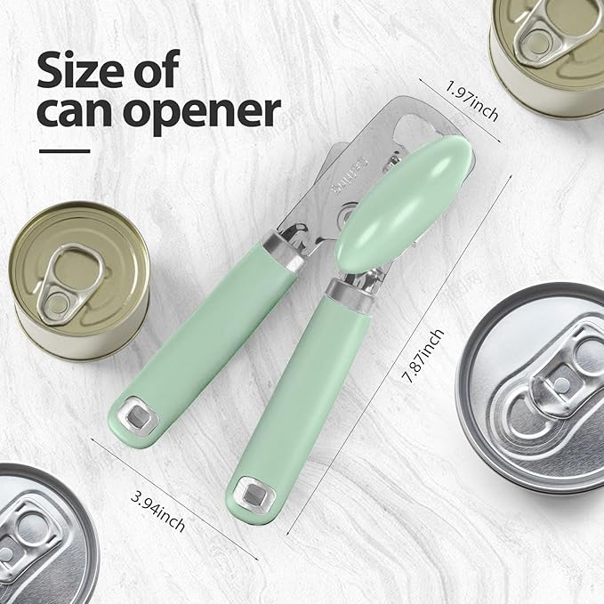 Can Opener Manual, Heavy Duty Stainless Steel Smooth Edge Can Opener With Soft Touch Handle, Oversized Handheld Easy Turn Knob, Multi-Function Bottle Opener, Mint