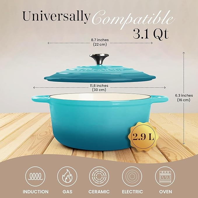 Cast Iron Dutch Oven with Lid – Non-Stick Ovenproof Enamelled Casserole Pot – Sturdy Dutch Oven Cookware – Teal, 3.1-Quart, 22cm – by Nuovva