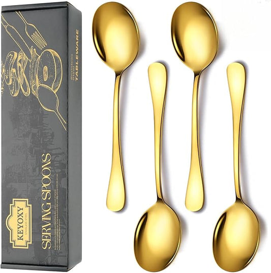 4 Piece Stainless Steel Serving Spoons Set, 10-Inch, Includes 4 Large Spoons, for Parties/Kitchen/Buffet/Catering, Dishwasher Safe,Gold