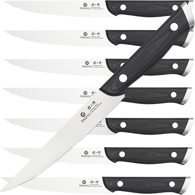 imarku Steak Knives, Steak Knives Set of 8, Serrated Steak Knife Set with Pakkawood Ergonomic Handle, Japanese HC Steel Steak Knife and Gift Box, Birthday Gift for Men and Women