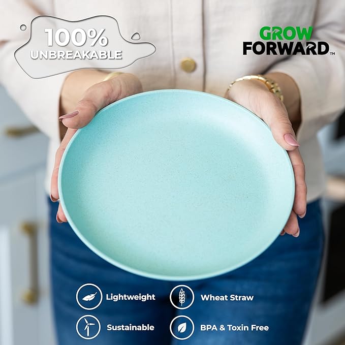 Grow Forward Premium Wheat Straw Plates - 8 Inch Reusable Hard Plastic Dinner Plates Set of 8 - Unbreakable Microwave Safe Plates for Dessert, Camping, RV, Outdoors, Patio, Kitchen Dishes - Seascape